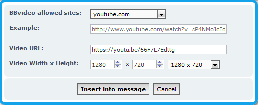 Paste the link into the Video URL: cell.<br />Change the Video Width x Height using the drop down cell to the maximum 1280 x 720.<br />Click on Insert into message.