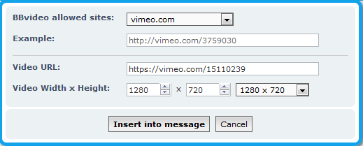 Change the Video Width x Height using the drop down cell to the maximum 1280 x 720.<br />Click on Insert into message.